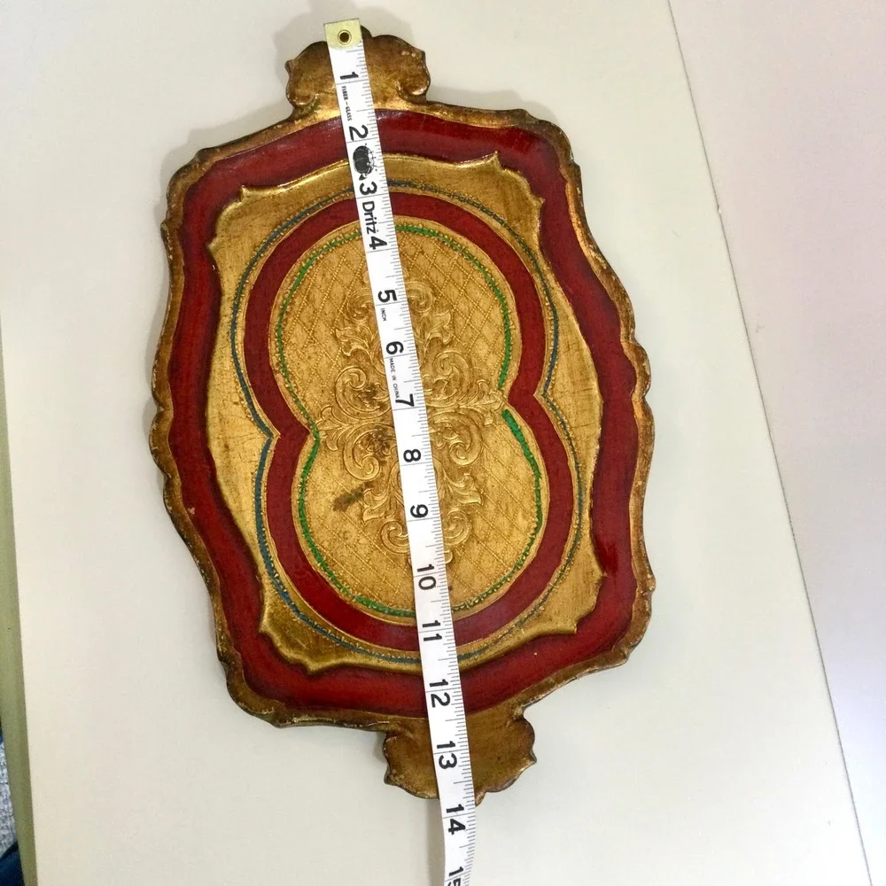 Vintage Florentine Wood Tray Gold Leaf Red Hand Painted Italian Scalloped 13.5in